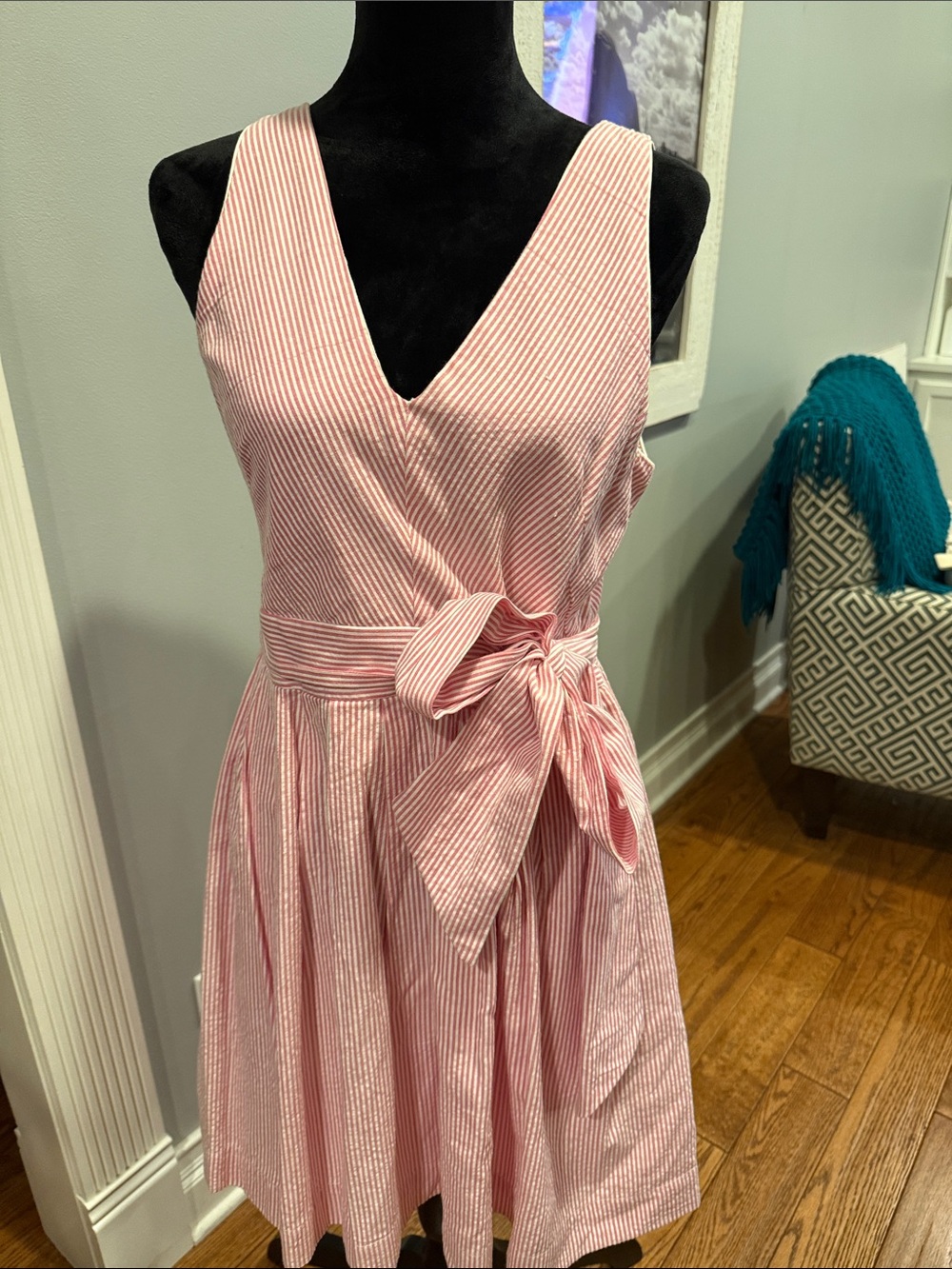 Southern Frock pink and white striped (seersucker) dress. Size 8.